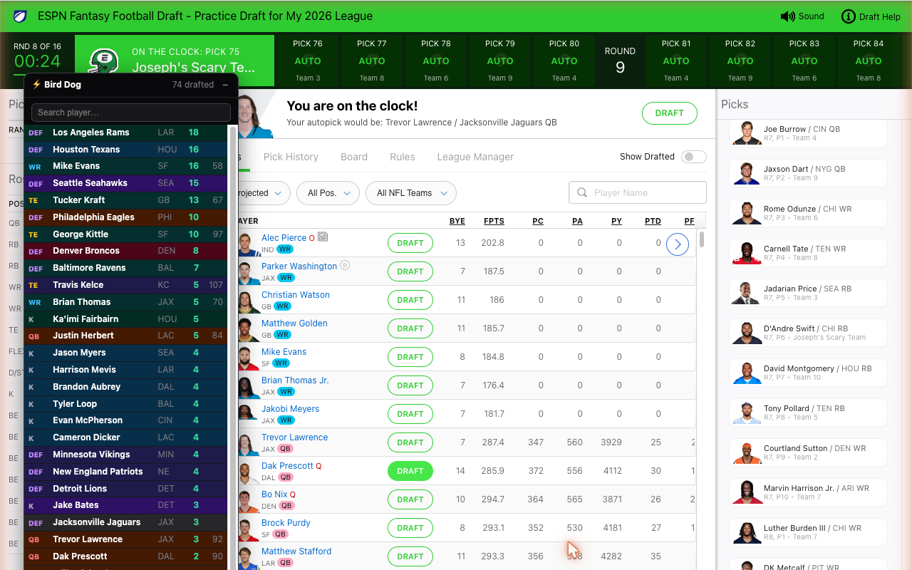Bird Dog's live board inside a real ESPN draft room, drafted players struck through, values and steals visible